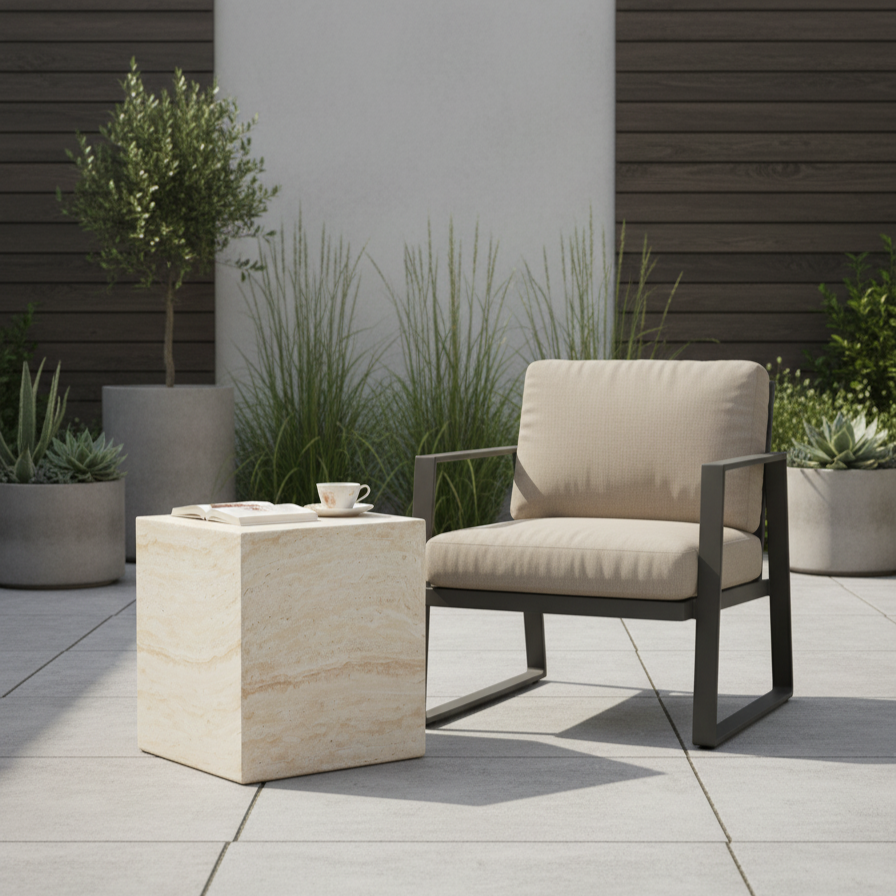 Desser Pisa Square Travertine Look Side Table outdoor view