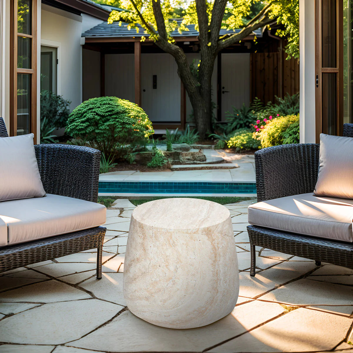 Pisa Round Tapered Travertine look Side Table - Indoor & Outdoor Table