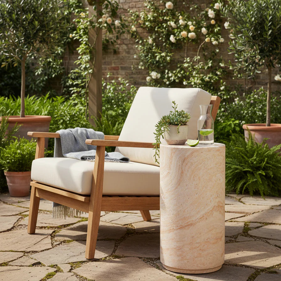 Pisa Pillar Travertine Look Side Table - Indoor & Outdoor Table