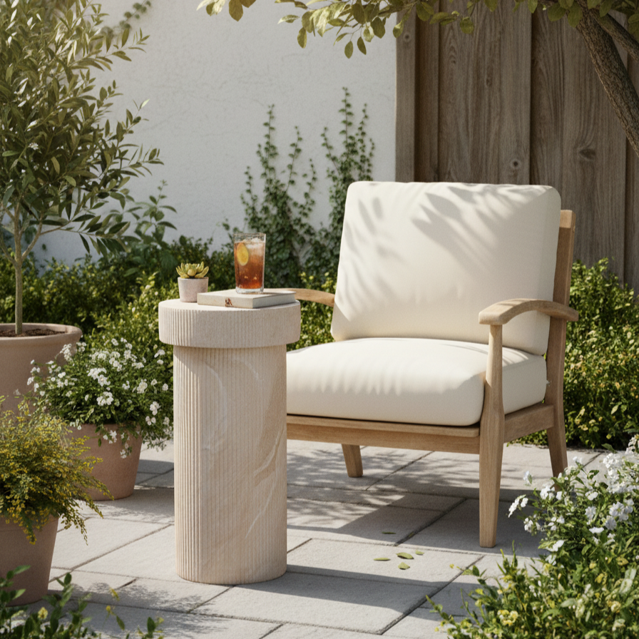 Desser Verona Flute Ribbed Marble Look Side Table outdoor view
