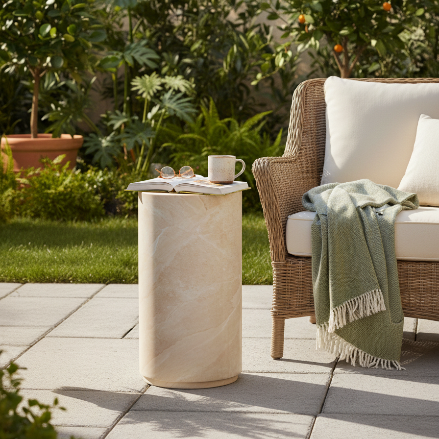 Desser Verona Pillar Marble Look Side Table outdoor view