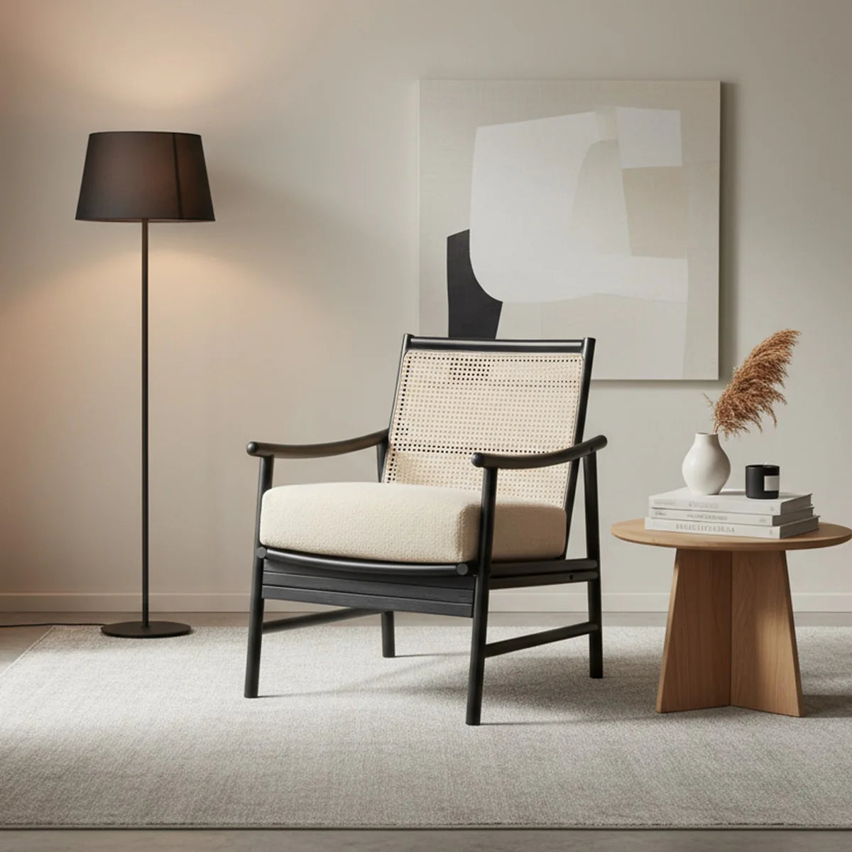 Borneo Black Rattan Chair with Boucle Cushion