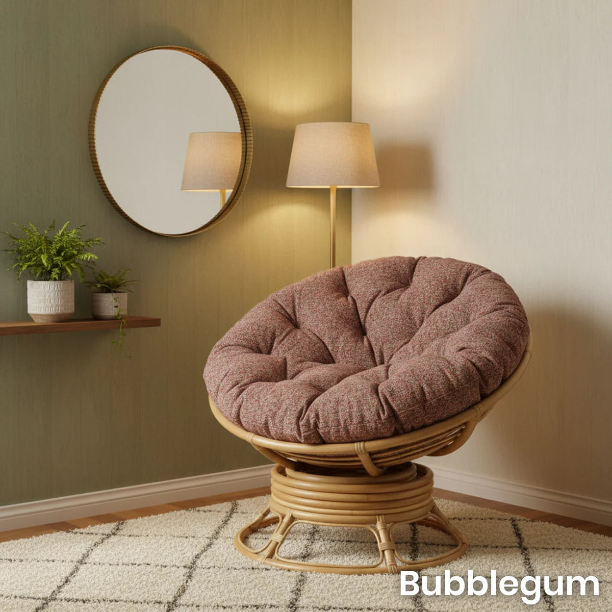 Natural Rattan Swivel Rocking Papasan Chair with Handmade Cushion