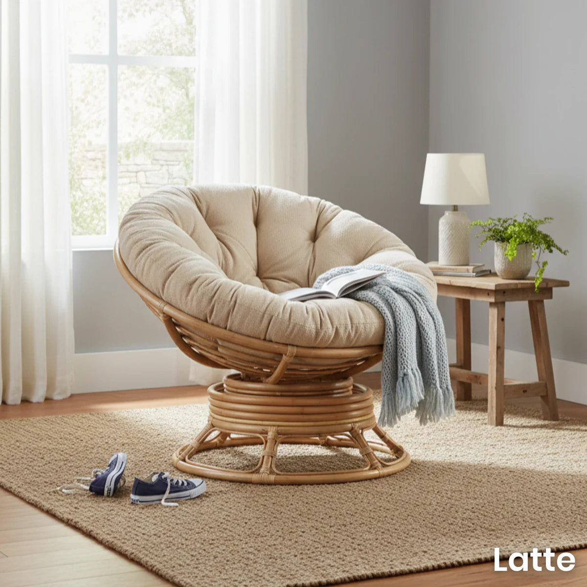 Natural Rattan Swivel Rocking Papasan Chair with Handmade Cushion