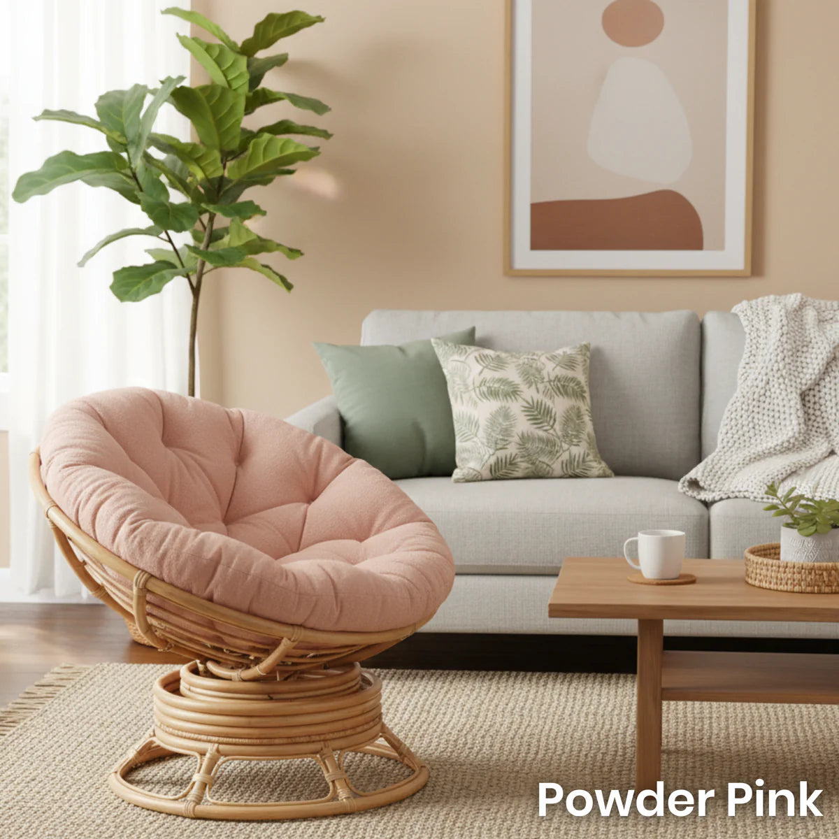 Natural Rattan Swivel Rocking Papasan Chair with Handmade Cushion