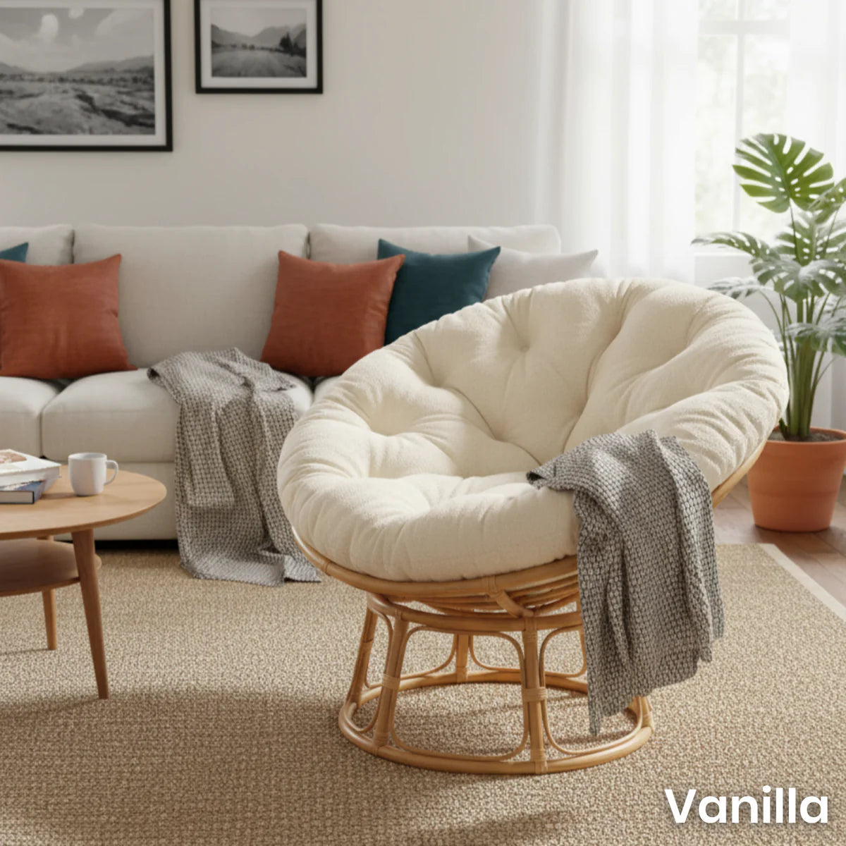 Natural Rattan Papasan Chair with Handmade Cushion