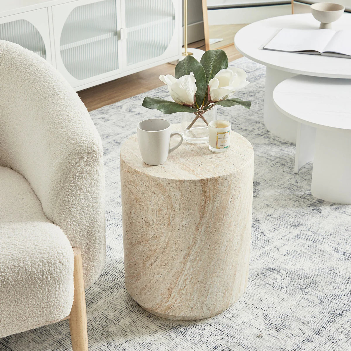 Pisa Tall Travertine look Side Table