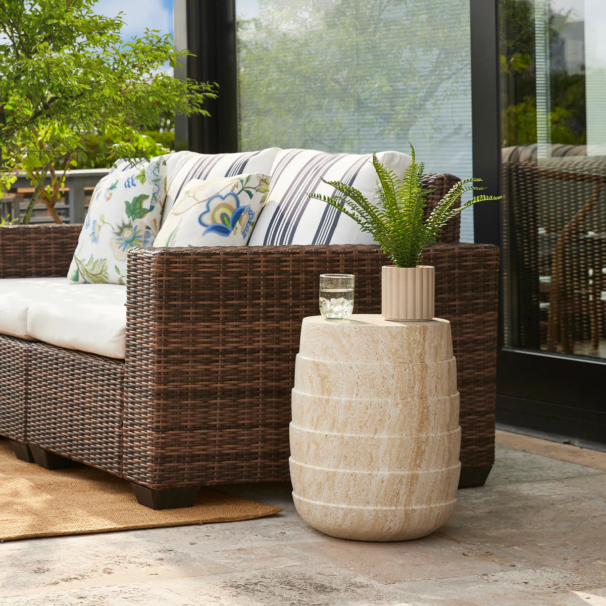 Pisa Round Rippled Travertine look Side Table - Indoor & Outdoor Table