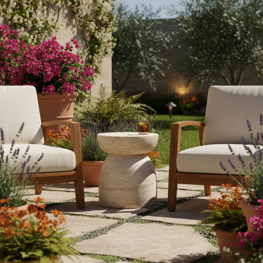 Desser Pisa Mushroom Travertine Look Side Table outdoor view