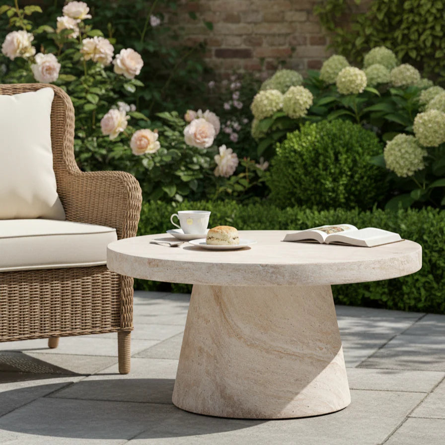 Pisa Pedestal Travertine look Coffee Table - Indoor & Outdoor Table