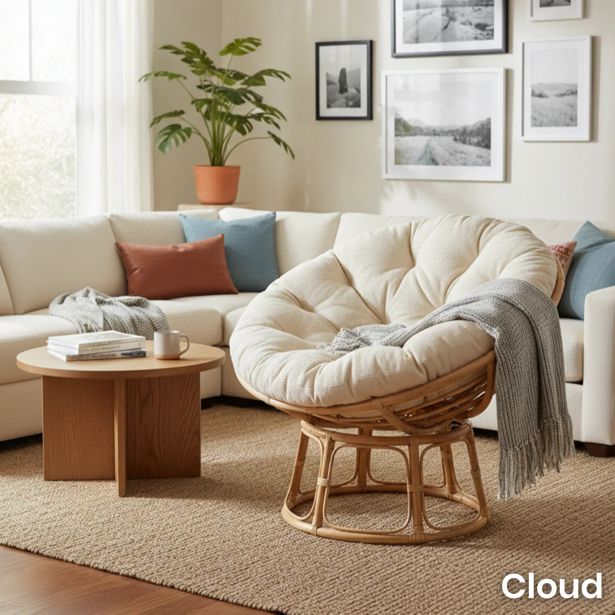 Natural Rattan Papasan Chair with Handmade Cushion