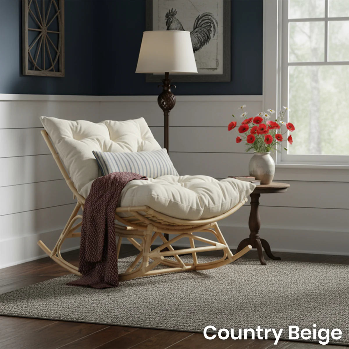 Natural Rattan Papasan Rocking Chair - Square Shape Handmade Cushion
