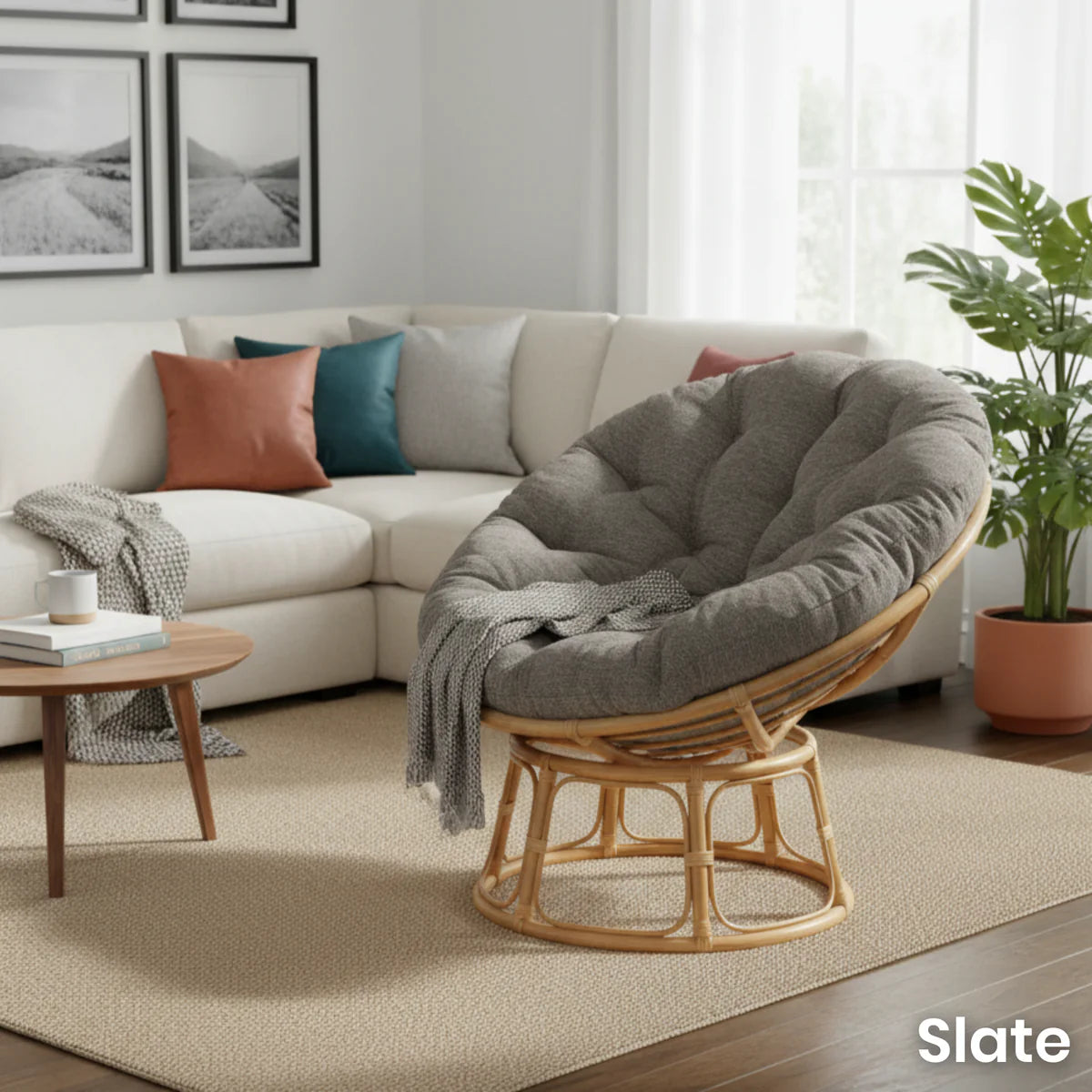 Natural Rattan Papasan Chair with Handmade Cushion