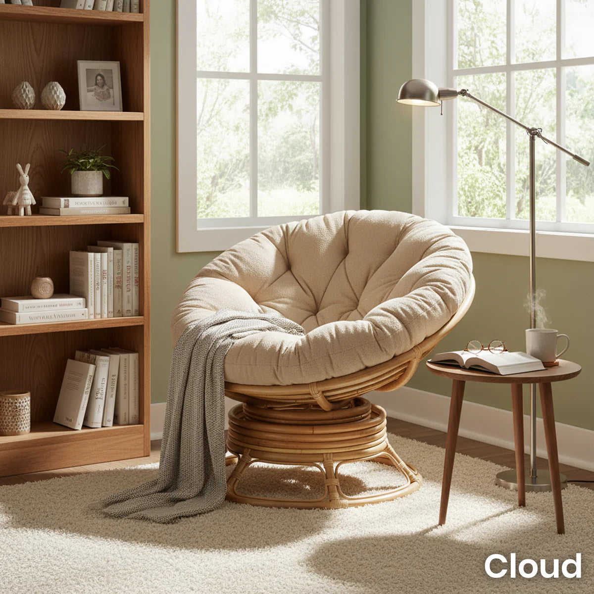 Natural Rattan Swivel Rocking Papasan Chair with Handmade Cushion
