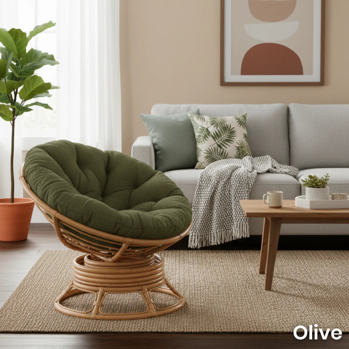 Natural Rattan Swivel Rocking Papasan Chair with Handmade Cushion