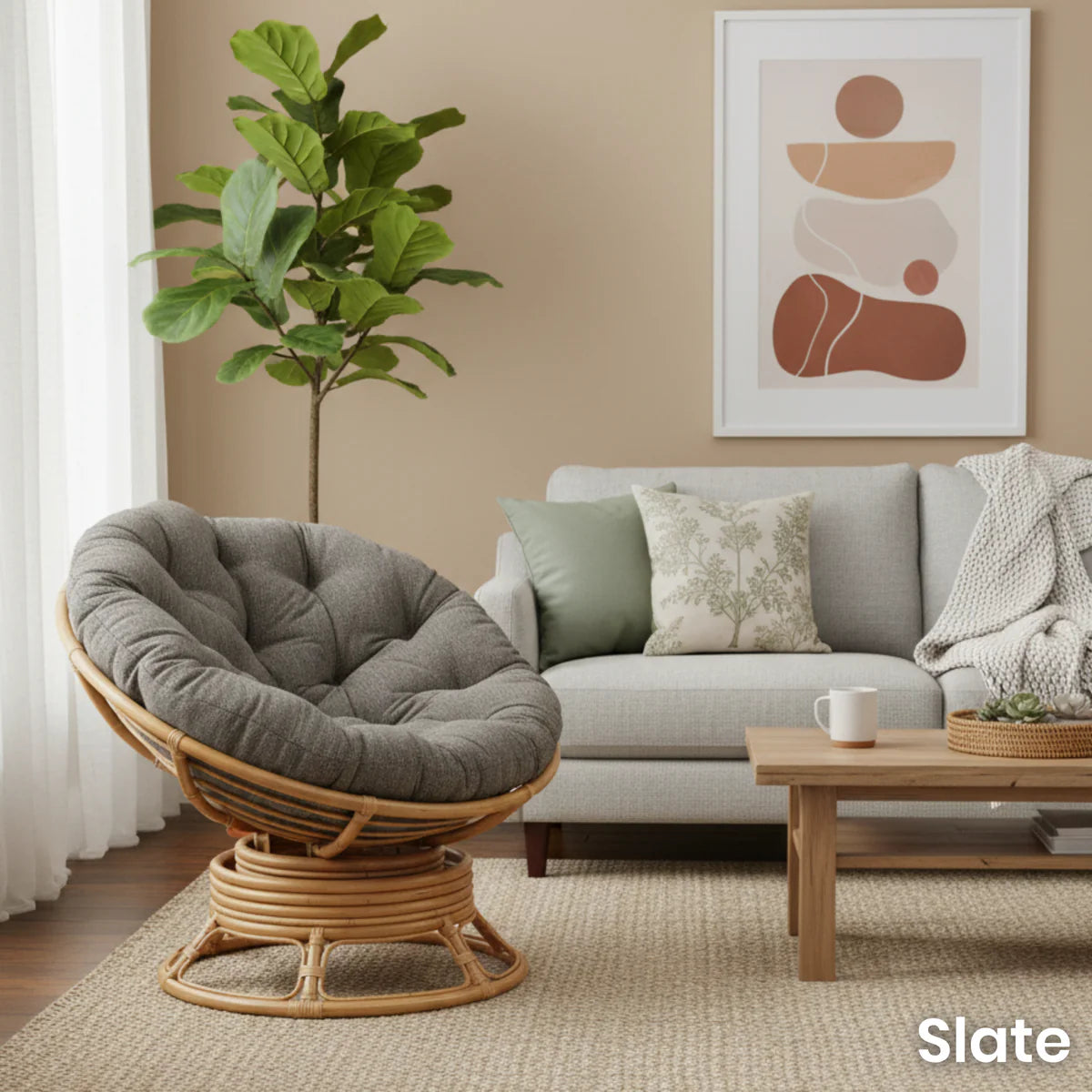 Natural Rattan Swivel Rocking Papasan Chair with Handmade Cushion