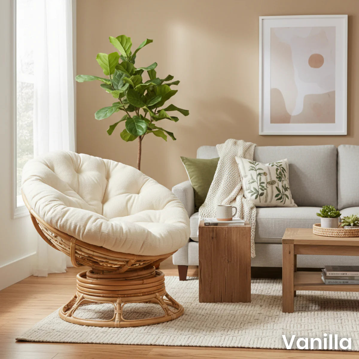 Natural Rattan Swivel Rocking Papasan Chair with Handmade Cushion
