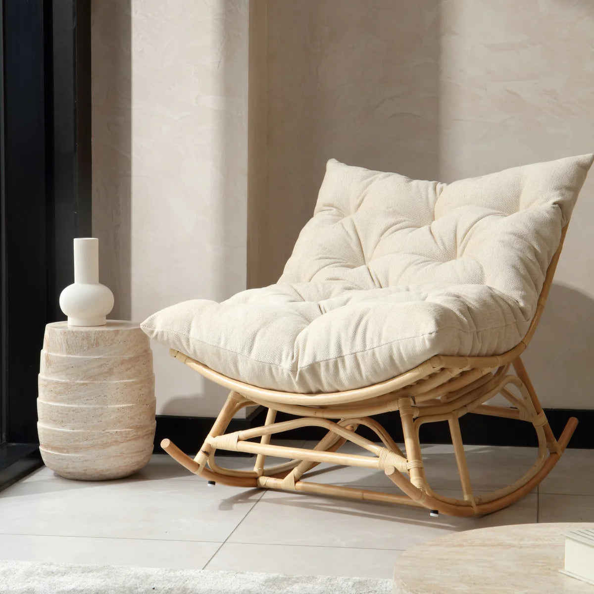 Natural Rattan Papasan Rocking Chair - Square Shape Handmade Cushion
