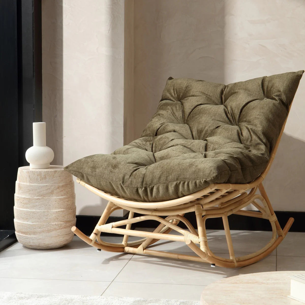 Natural Rattan Papasan Rocking Chair - Square Shape Handmade Cushion
