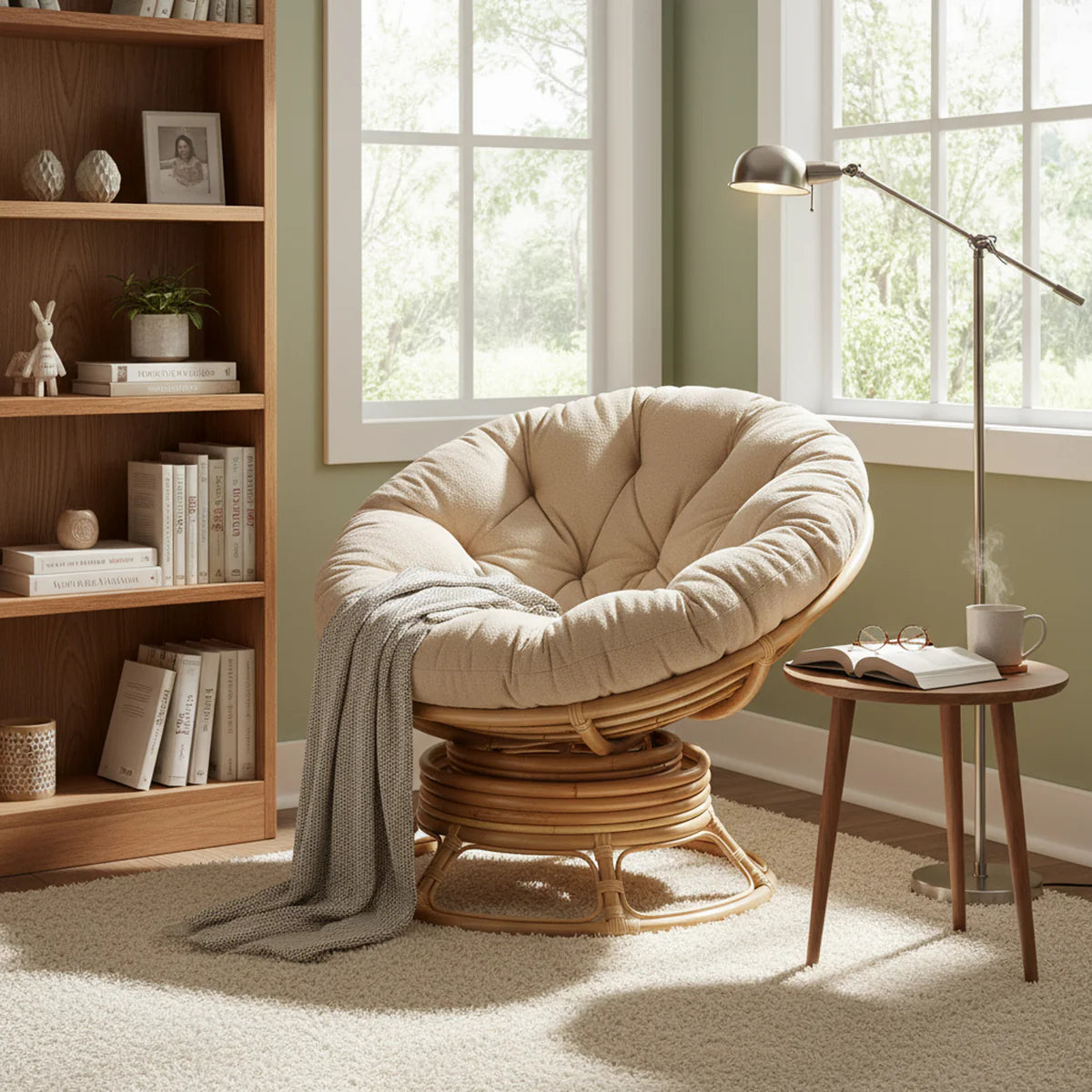 Natural Rattan Swivel Rocking Papasan Chair with Handmade Cushion